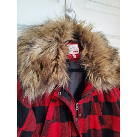 Bongo Jacket Women's Large Red and Black Flannel plaid fake fur coat jacket - Picture 3 of 8